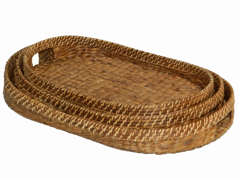 Exquisite Oval Water Hyacinth Tray Set with Rattan Rim - Eco-friendly Serving Solutions